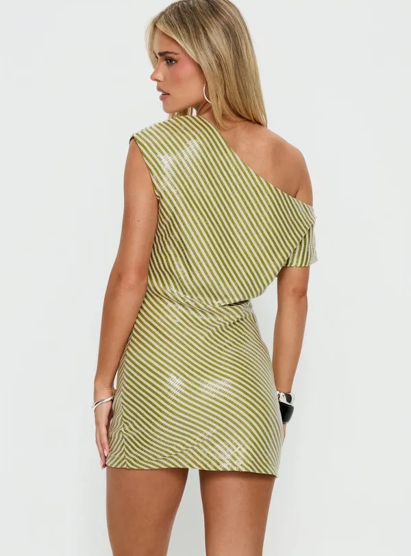 Speed Dial Off Shoulder Sequin Mini Dress Green Stripe - Image 3