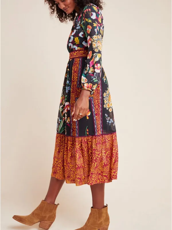 ANTHROPOLOGIE Adair Velvet Trimmed Midi Dress in Black Floral Pattern‎ size 0 - Image 3