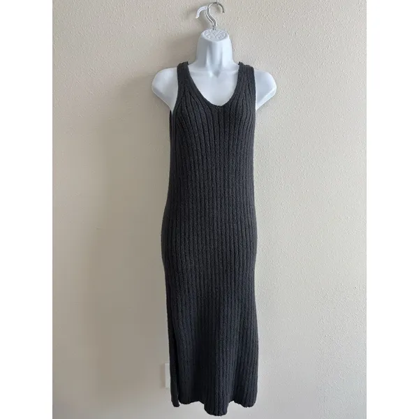 FREE PEOPLE Emmy Ribbed V-Neck Sweater Dress Cotton Small Petite GRAPHITE Slits‎ - Image 3