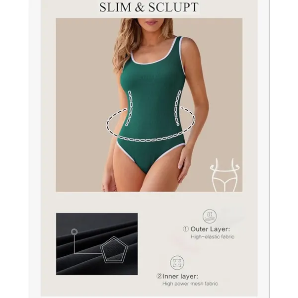 NEW Green Slimming 1 Pc Swimsuit Ribbed High Cut Bathing Suit L - Image 7