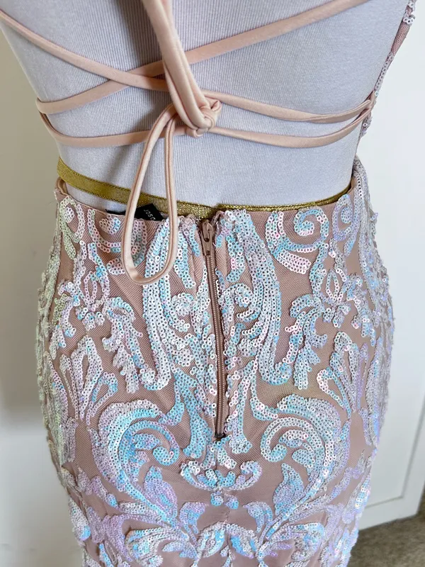 Windsor White & Beige Sequin Open Back Crisscross Tie Mini Dress Size Small - Image 3
