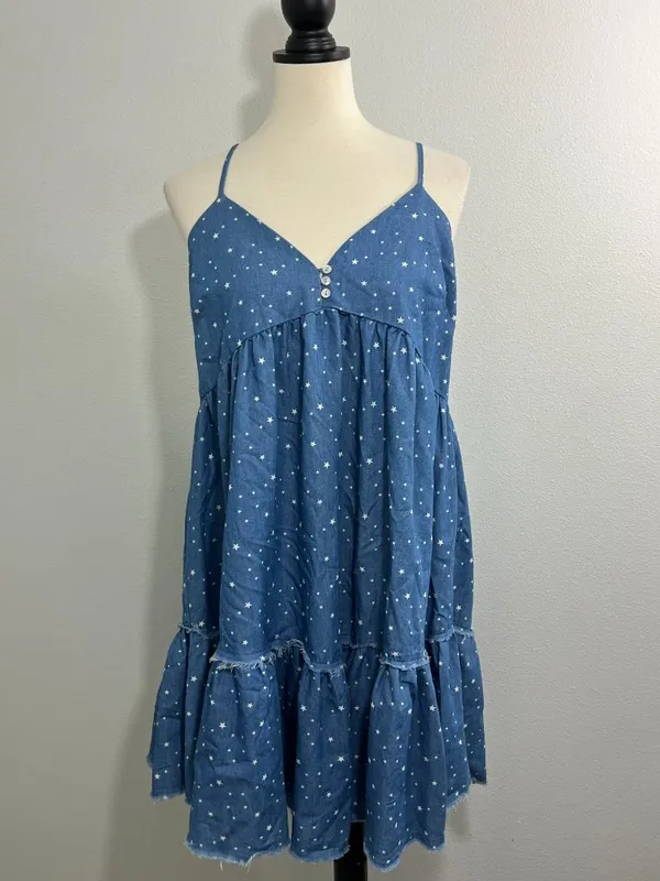 New Jodifl Large Starry Dotted Chambray Denim Babydoll Dress - Image 2