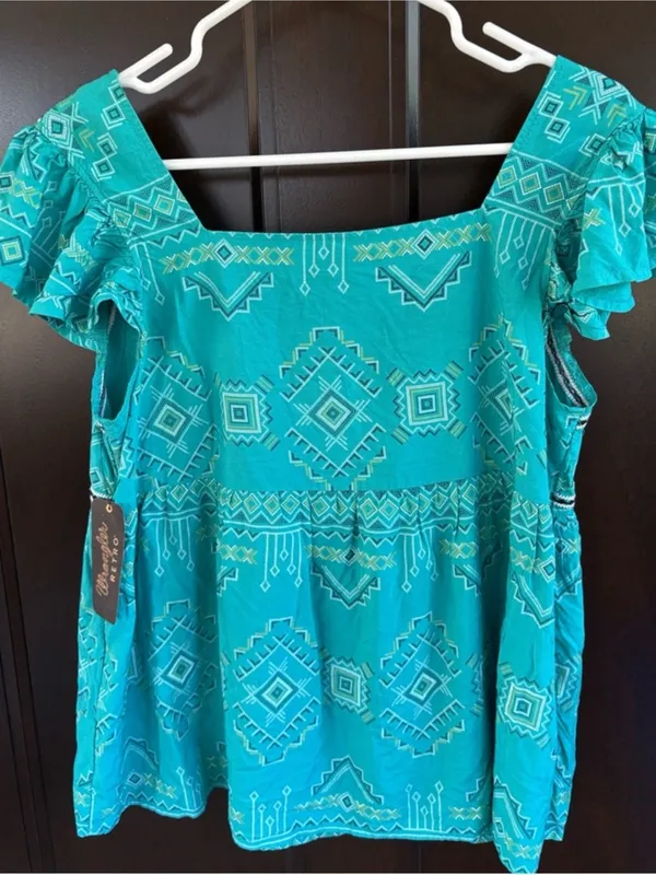 NWT Wrangler Retro Square Neck Aztec Print Top Teal Size Medium - Image 8