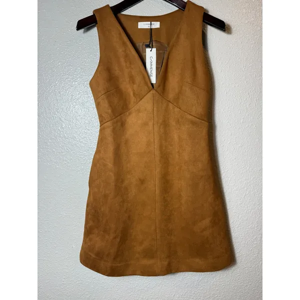 NWT COMMENSE Suede V-Neck Sleeveless Mini Dress Light Brown XS - Image 3