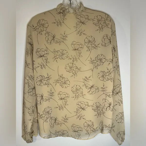 Calvin Klein Long Sleeve Ruffled Sheer Floral V-neck Tan Blouse‎ Pre-owned XS - Image 7