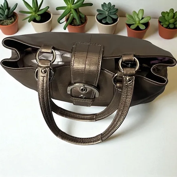 Coach Metallic Bronze Leather Buckle Shoulder Bag Satchel Handbag Purse‎ - Image 4