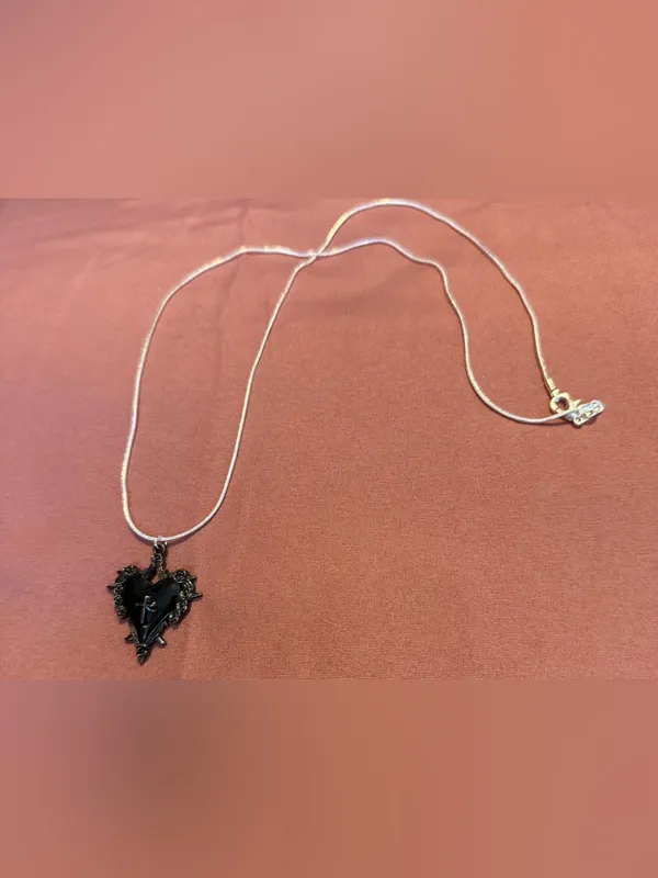 Sterling Silver 925 Heart Pendant Necklace with Black Stone - Image 3