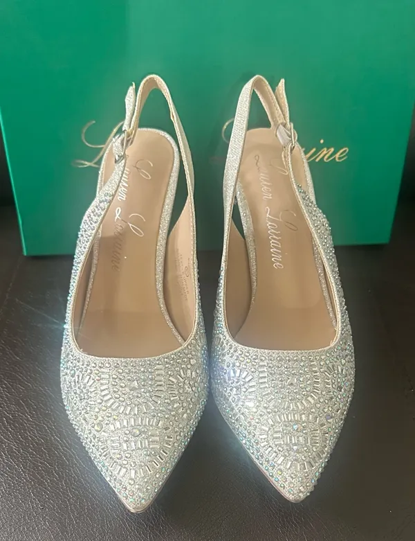 Lauren Lorraine Rachel Silver Shimmer Pointed Toe Embellished Slingback Pumps - Image 2