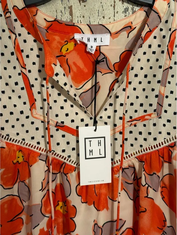 NWT THML boho orange floral print peasant blouse Women's size Medium - Image 3