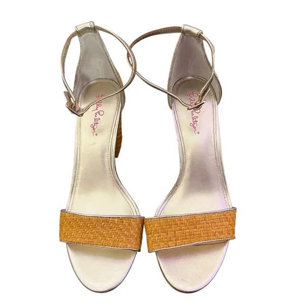 Lilly Pulitzer Chunky Block Heel Sandals Size 9.5 Metallic Gold‎ Open Toe Straw - Image 3