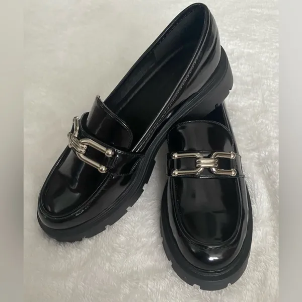 Creation Chunky Platform Loafers Chain Buckle SlipOn Black Patent Size 7 - Image 3