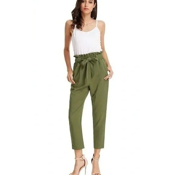 Grace Karin Paperbag Waist Pants Olive‎ Green Tie Belt Cropped Ankle Leg L NWT - Image 2