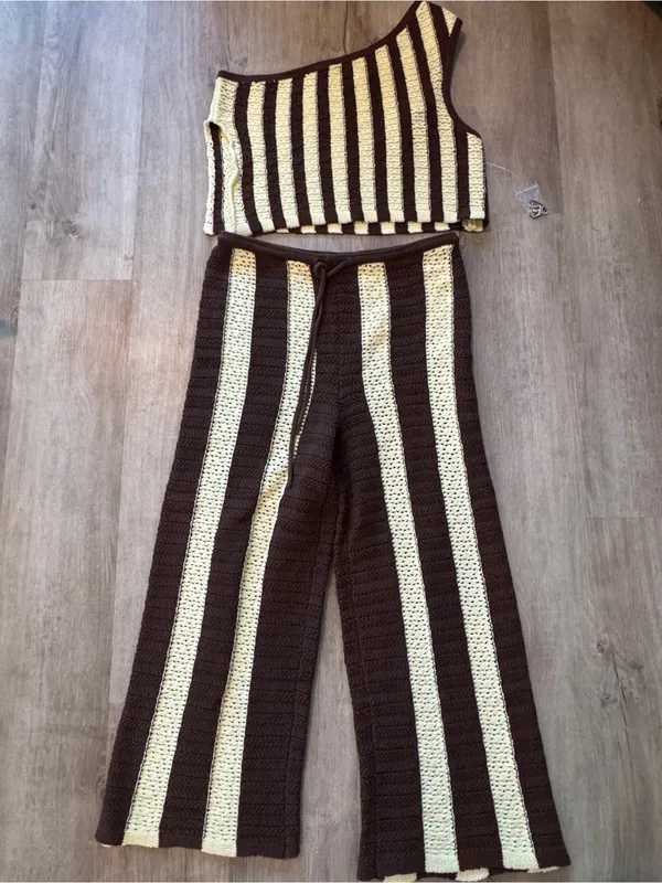 Free People Free-est Joan Fauxchet Crochet Top/Pants Set M Brown Stripe - Image 4