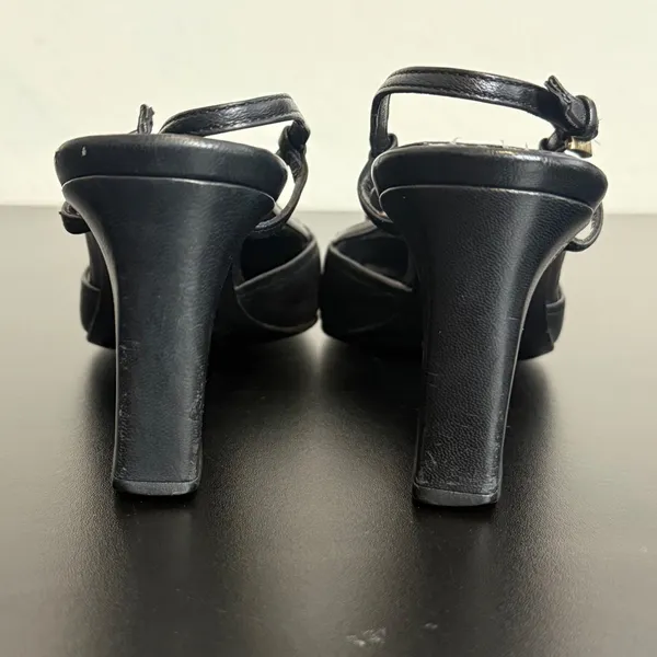 Vintage Prada Black Leather Square Toe Slingback Pump Size 35.5 Gold Buckle y2k - Image 7