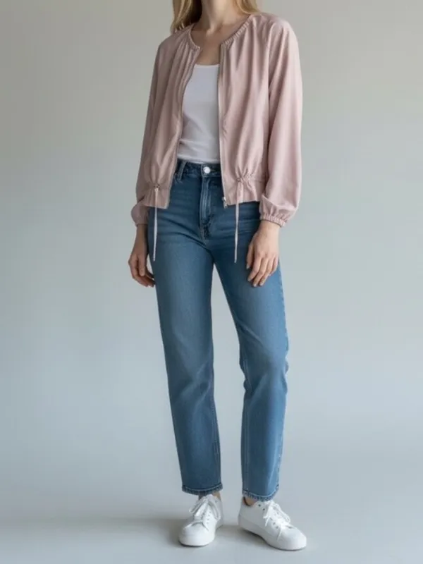 Zara Basic lightweight crew neck peplum drawstring windbreaker jacket lilac pink - Image 2