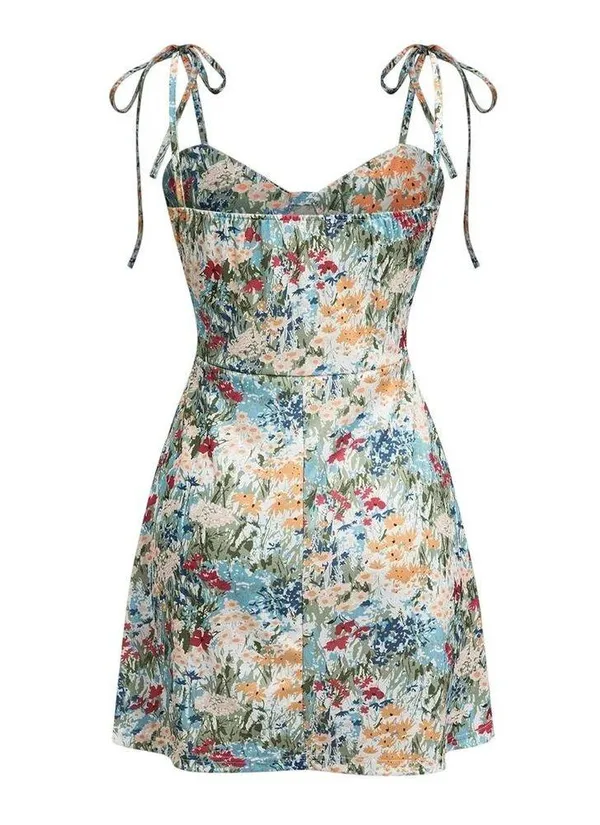 Micas Adorable Floral Print Mini Dress Adjustable Straps Boho Casual Medium - Image 3