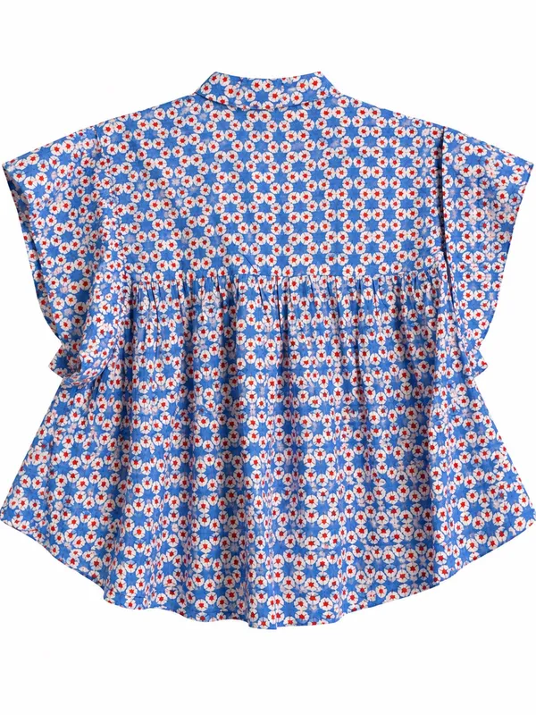 Ro's Garden Women's M Blue Red Floral Cotton Pintuck Puff Sleeve Blouse - Image 3