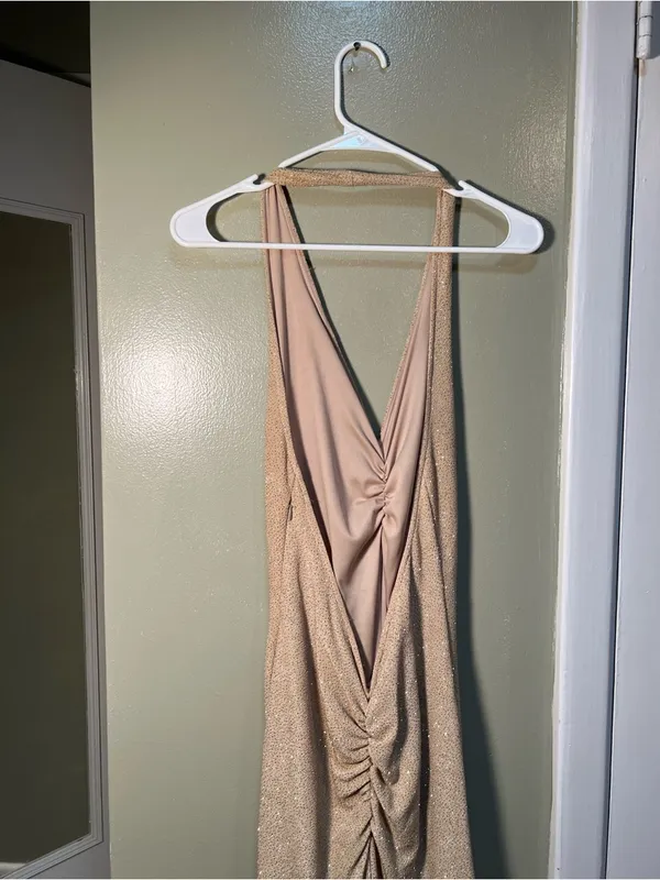Vintage Bari Jay Women's Maxi Dress Halter V-Neck Cinched Beige‎ Gold Glitter - Image 7