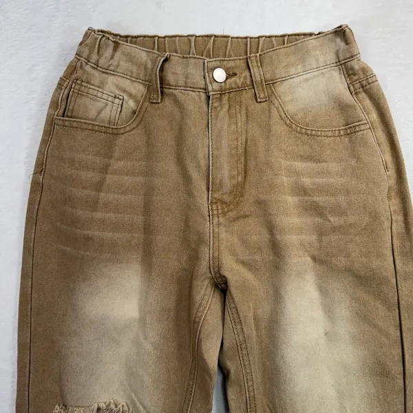 Boho S Jeans Flare Distressed Tan High Rise Raw Hem Shredded Knee Streetwear - Image 4