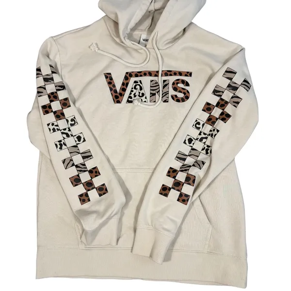 Vans Hoodie Womens Medium Cream Animal Print Checkerboard Fleece Pullover Casual - Image 7