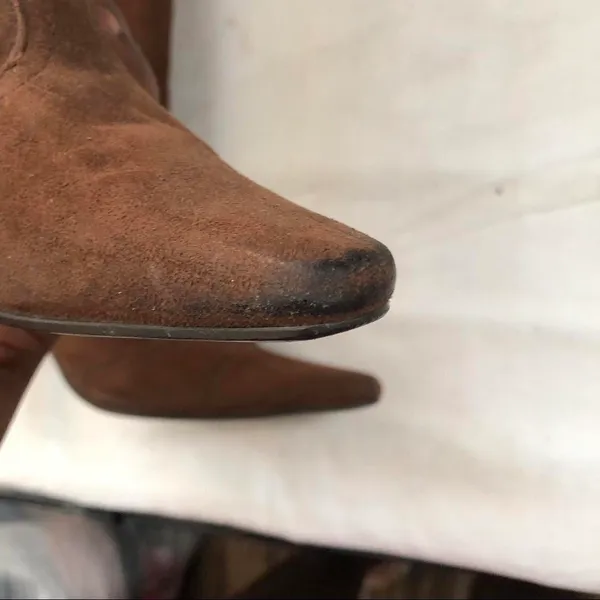 Y2K Western Boho Hippie Indie Gypsy Rave Festival Cowgirl Faux Suede Leather Kitten Ankle Boots Brown Pointed Toe Faux Turquoise Mid Calf 3” Stiletto #Coachella #Bohemian #Fantasy #Vintage #Whimsygoth 2000s Sz 6 - Image 5