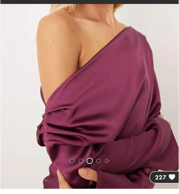 ASOS Design satin drape long sleeve off the shoulder mini dress in plum - Image 5