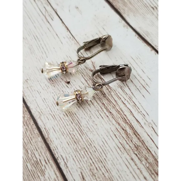 Vintage Clip On Earrings Iridescent Dangle with Clear Stone Accent - Image 2