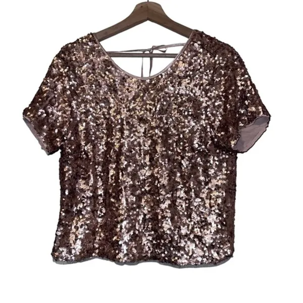 Abercrombie and Fitch Top S Rose Gold Sequins Tie Open Back Boxy‎ - Image 3