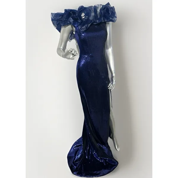 Sherri Hill 55328 Navy Blue Sequin Off-The-Shoulder Ruffle Gown – Size 00 - Image 4
