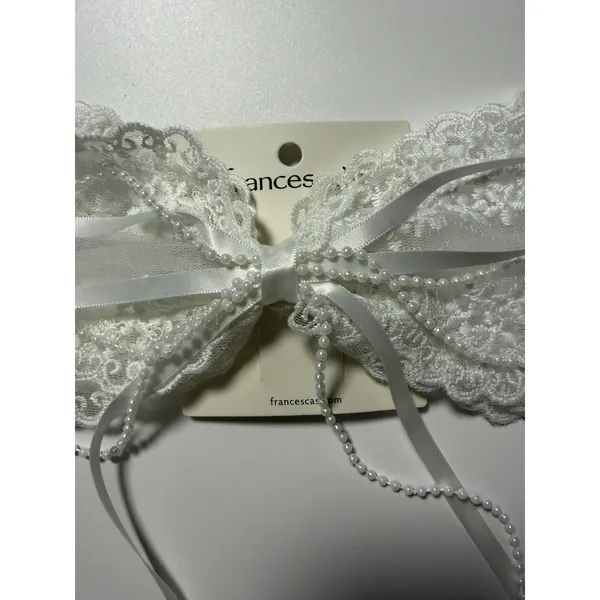 Francescas White Lace Bridal Hair Bow Clip with Faux Pearls and Satin Ribbon - Image 2