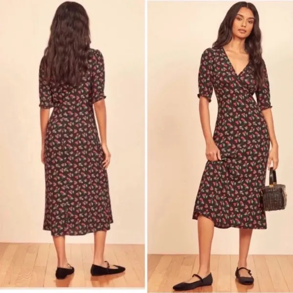 Reformation Alia Cherry Print Midi Dress Black V-Neck Ruffle Size 4 - Image 2