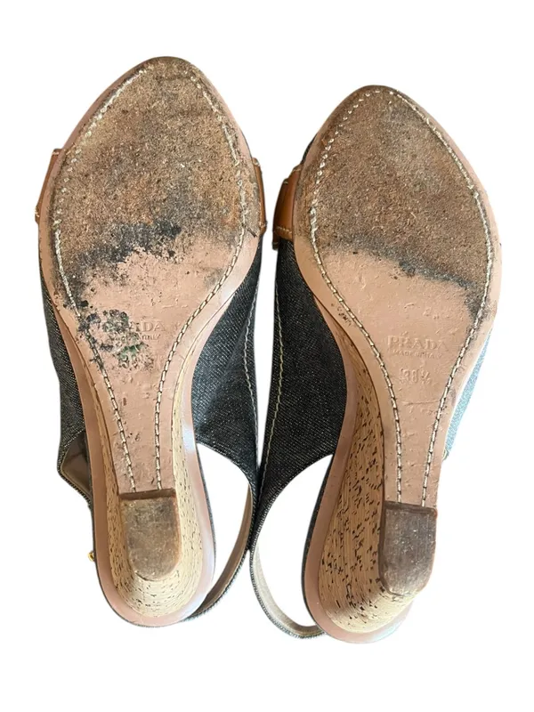 Prada Women’s Peep Toe Denim Cork Leather Bow Wedge Y2K Vintage Heels 38.5 - Image 6