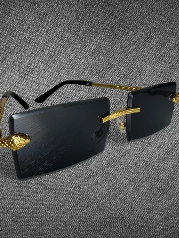 Black Rimless Rectangle Gold Serpent Y2K Sunglasses - Image 8
