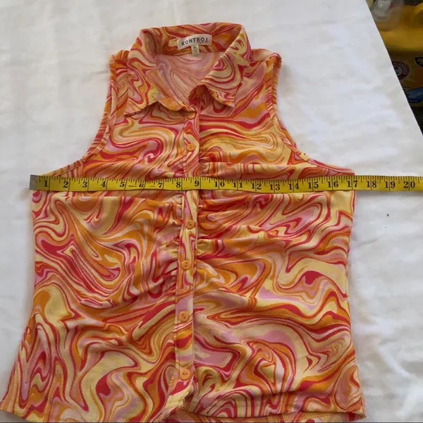 Kontrol Orange yellow psychedelic swirl halter sleeveless ruched button up down top shirt blouse stretchy - Image 3