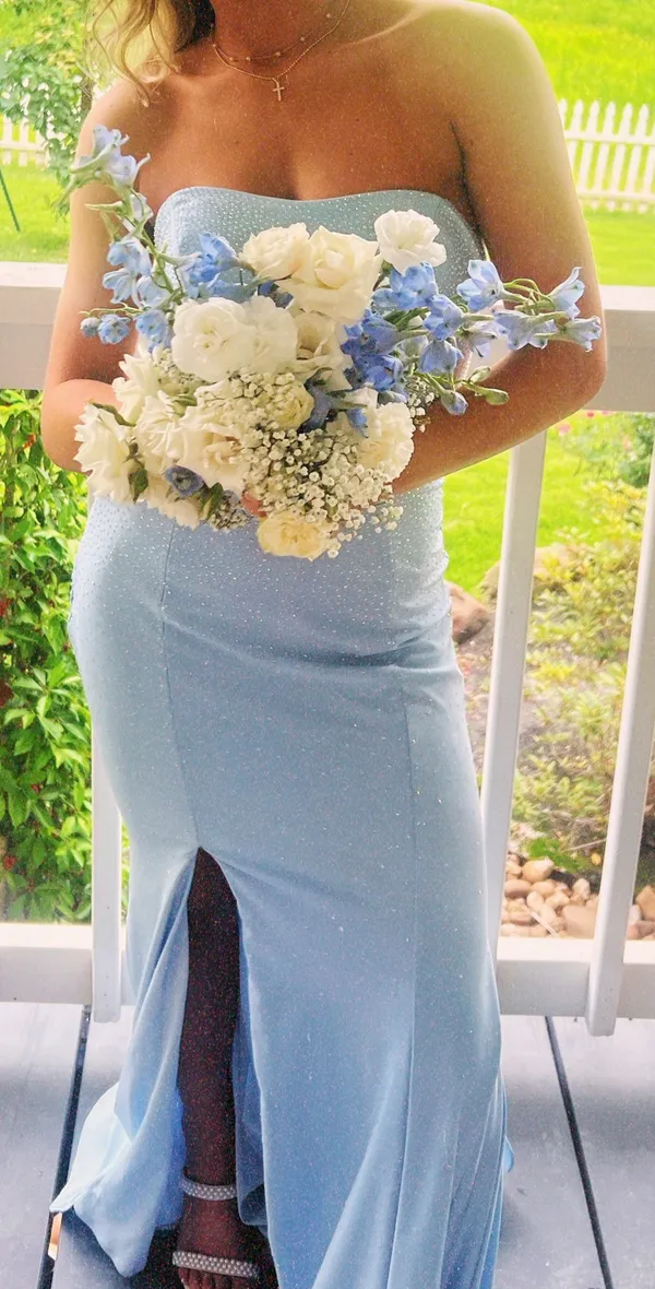 Light blue strapless prom dress with silver sequin. Size XS - Image 2