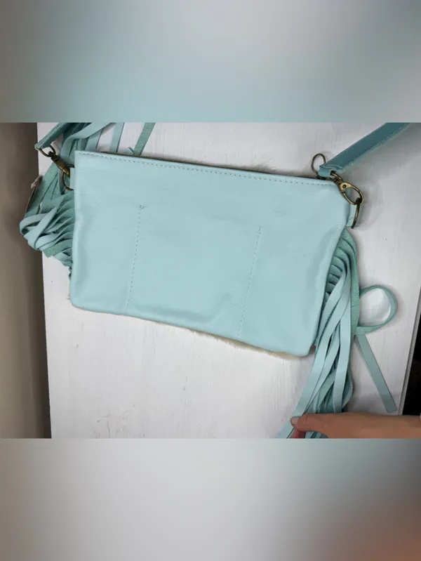 TTT Leathergoods Longhorn Lakota Cowhide Fringe Shoulder Bag Sky Blue - Image 6