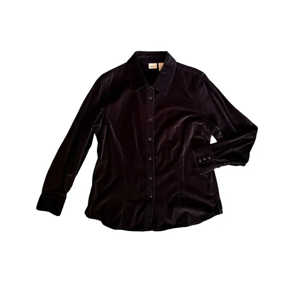 LL Bean Top Womens Size L Black Velvet Long Sleeve Button Up Collar Cotton Vntge - Image 2