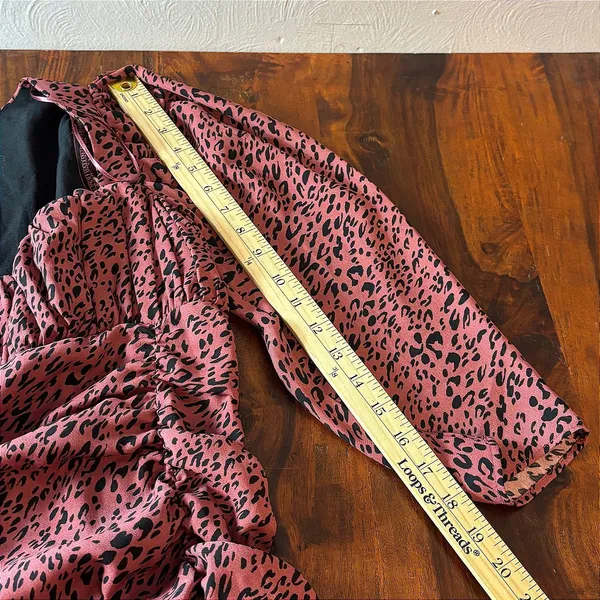 Zara‎ Pink Leopard Print Ruched Mini Dress Square Neck Long Sleeve Womens Medium - Image 8
