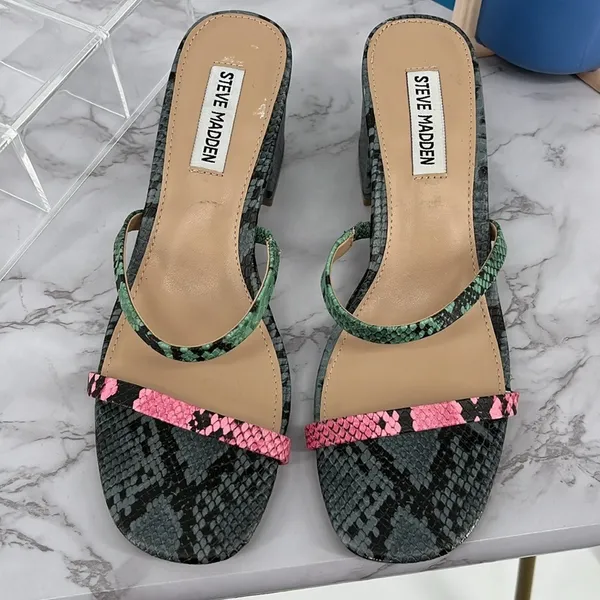 Steve‎ Madden Block Heel Strappy Sandals 9.5 Multicolor Snakeskin Open Toe Boho - Image 5
