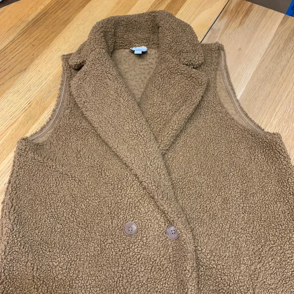 Joie Womens Longline Teddy Sherpa‎ Vest Camel Brown Double Breasted Size Medium - Image 2