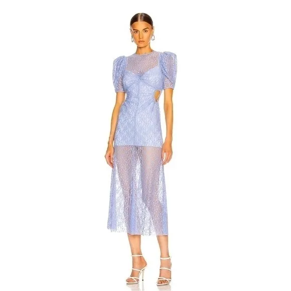 Alice McCall On and On Blue Floral Lace Puff Sleeve Cut Out Midi Dress US 6 - Image 9
