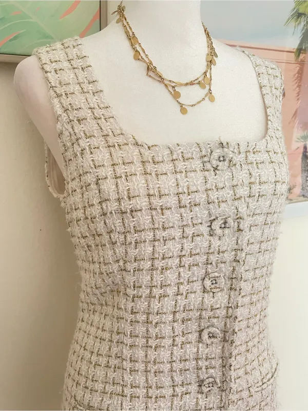 Reformation Jaine Mini Button Down Dress in Tweed Cream Metallic Gold US 4 - Image 4