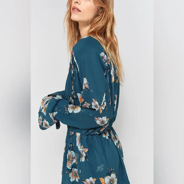 Free People Tuscan Dream Floral Tunic Dress V neck Blouse Teal Long Sleeve Femme - Image 5