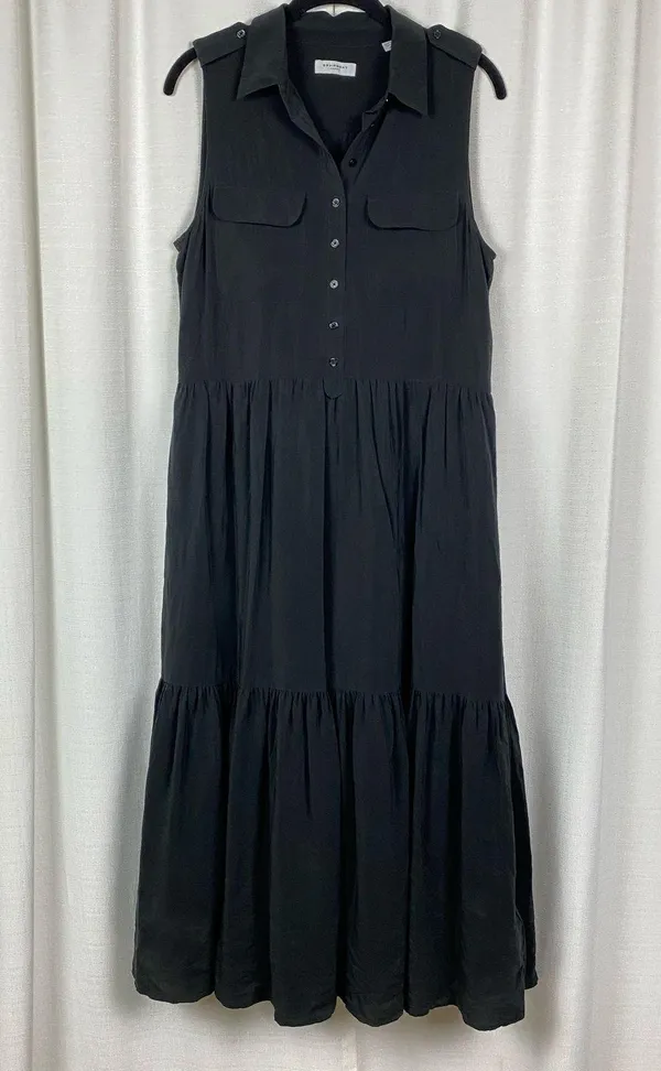 Equipment Femme Black Silk Allix Tiered Button Front Midi Dress Sz.M - Image 5
