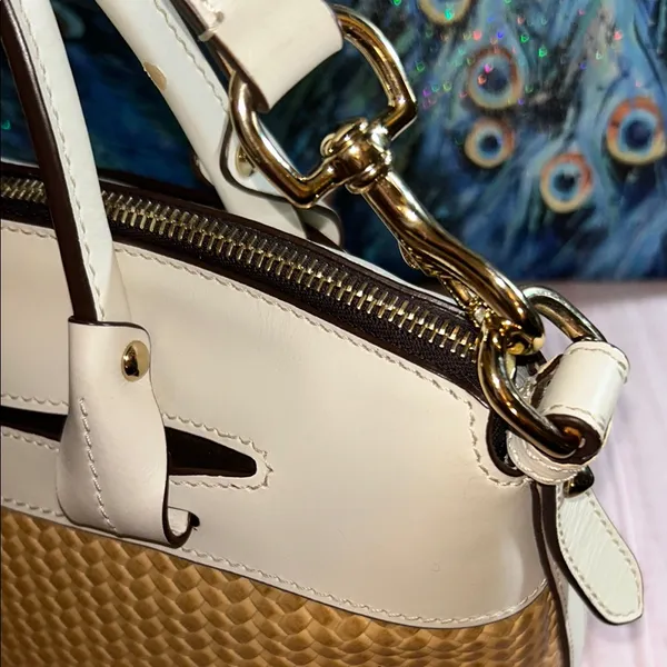 Dooney & Bourke Cream Leather and Tan Woven Structured 2 Way Satchel - Image 3
