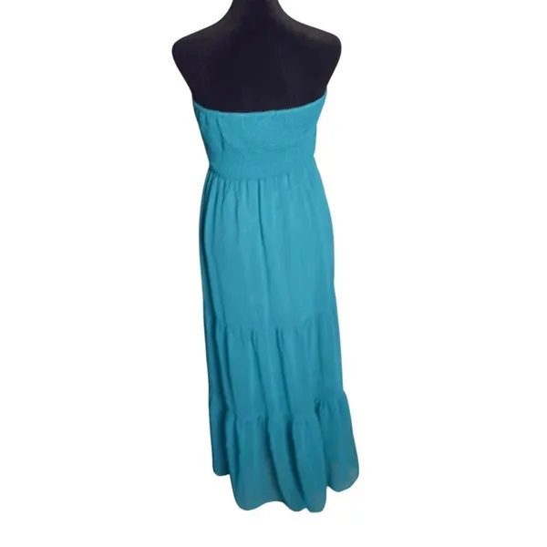 Flying Tomato BOHO Embroidered Floral Smocked Strapless Tiered Maxi Dress Womens S Teal Beach - Image 7