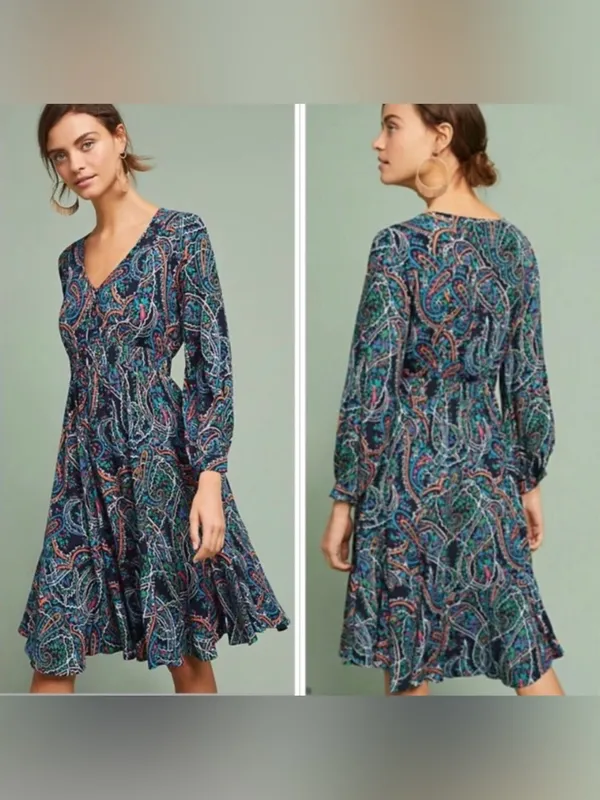 Anthropologie Maeve Maplewood Paisley Long Sleeve V Neck Midi Dress Small - Image 2