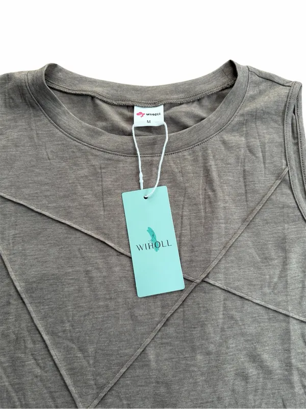 WIHOLL Women's Gray Sleeveless Tank Top Geometric Stitch Casual Crew Neck Size M - Image 4