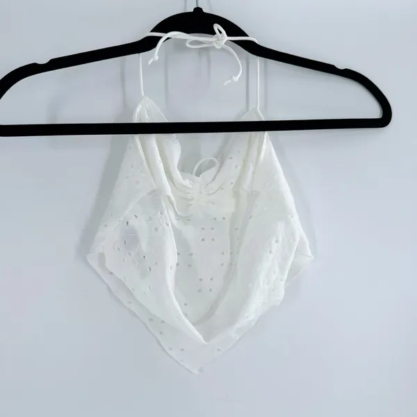 SheIn White Eyelet Halter Crop Top – Lace Tie Front Handkerchief Hem Camisole Size XS - Image 3