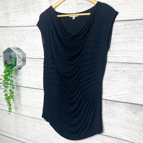 Vintage KENAR Black Cowl Neck Cap Sleeve Shirred Drape Blouse Top Size Small - Image 4